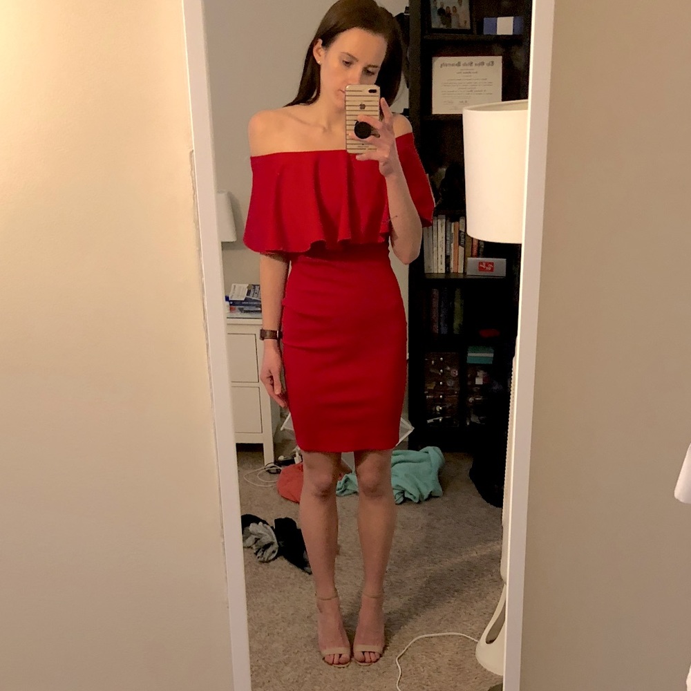 Red ruffle off shoulder dress